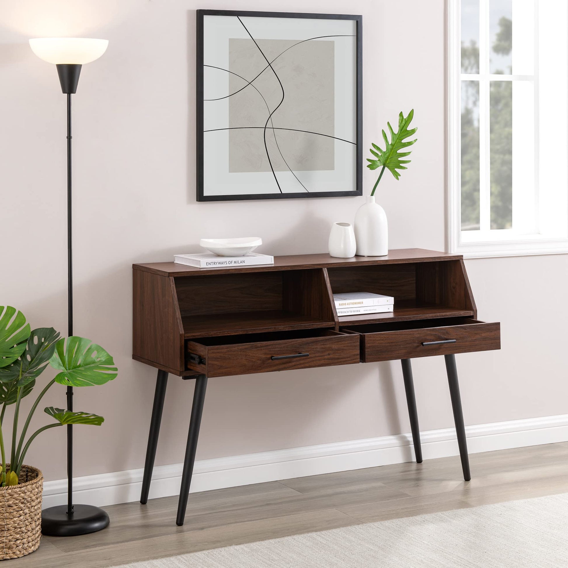 Walker Edison Perdita Minimalist Glass-Shelf Entry Table, 44 Inch, Dark Walnut - WoodArtSupply