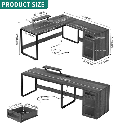 YITAHOME L Shaped Desk with Drawer, Reversible Computer Desk with Power Outlets & LED Lights, Corner Desk Office Desk with File Cabinet & Monitor Stand for Home Office, Grey