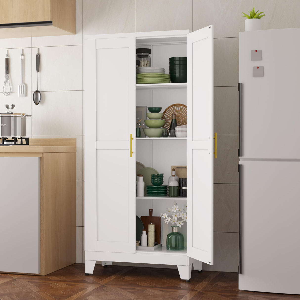 pozdeg Metal Storage Cabinet - 61" Tall Steel File Cabinets with 2 Doors and 3 Adjustable Shelves Versatile Storage Pantry Cabinet for Home Office Warehouse Garage or Outdoor (White) pozdeg