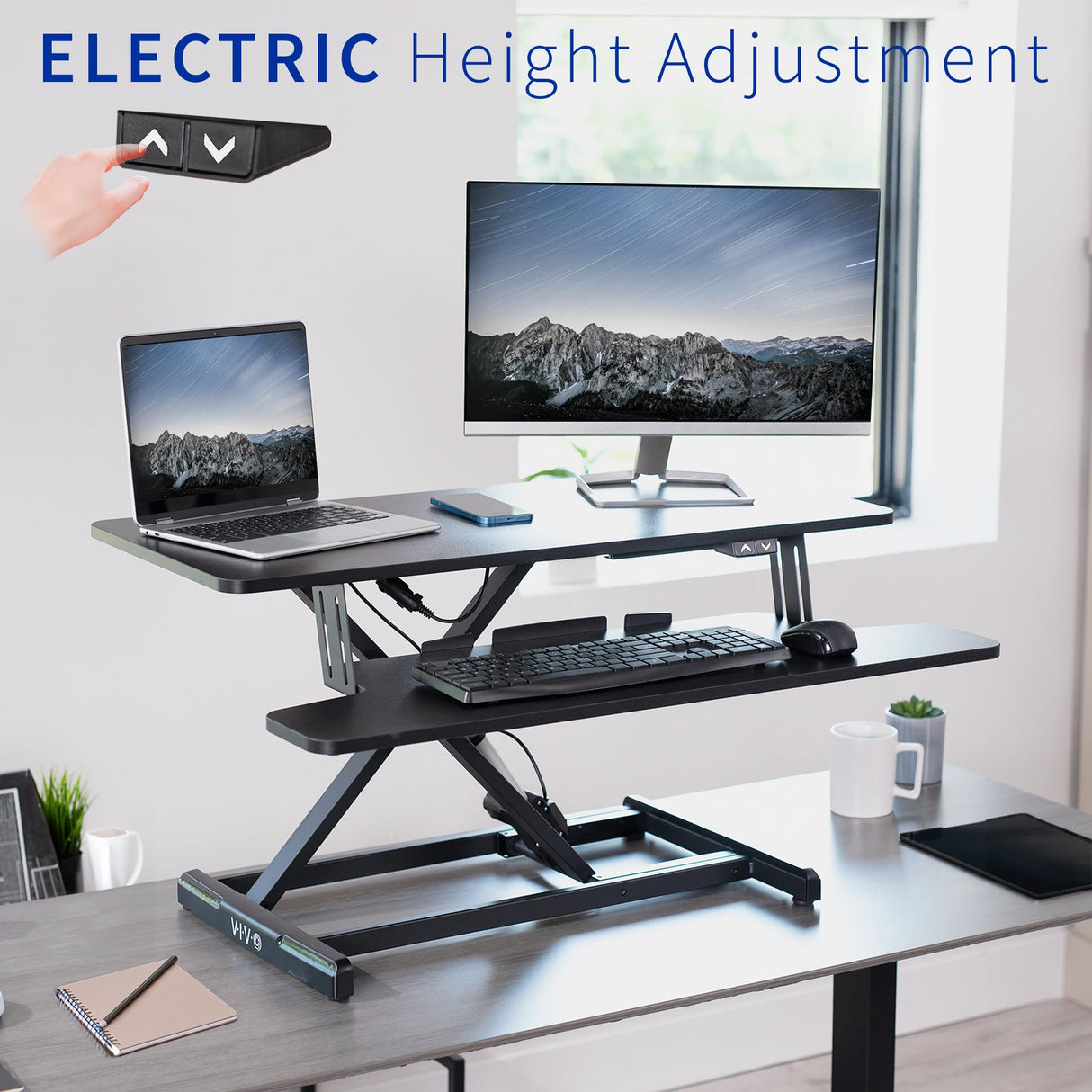 VIVO 36 inch Electric Motor Desk Converter, Height Adjustable Riser, Sit to Stand Dual Monitor and Laptop Workstation with Wide Keyboard Tray, Black, DESK-VE36B VIVO