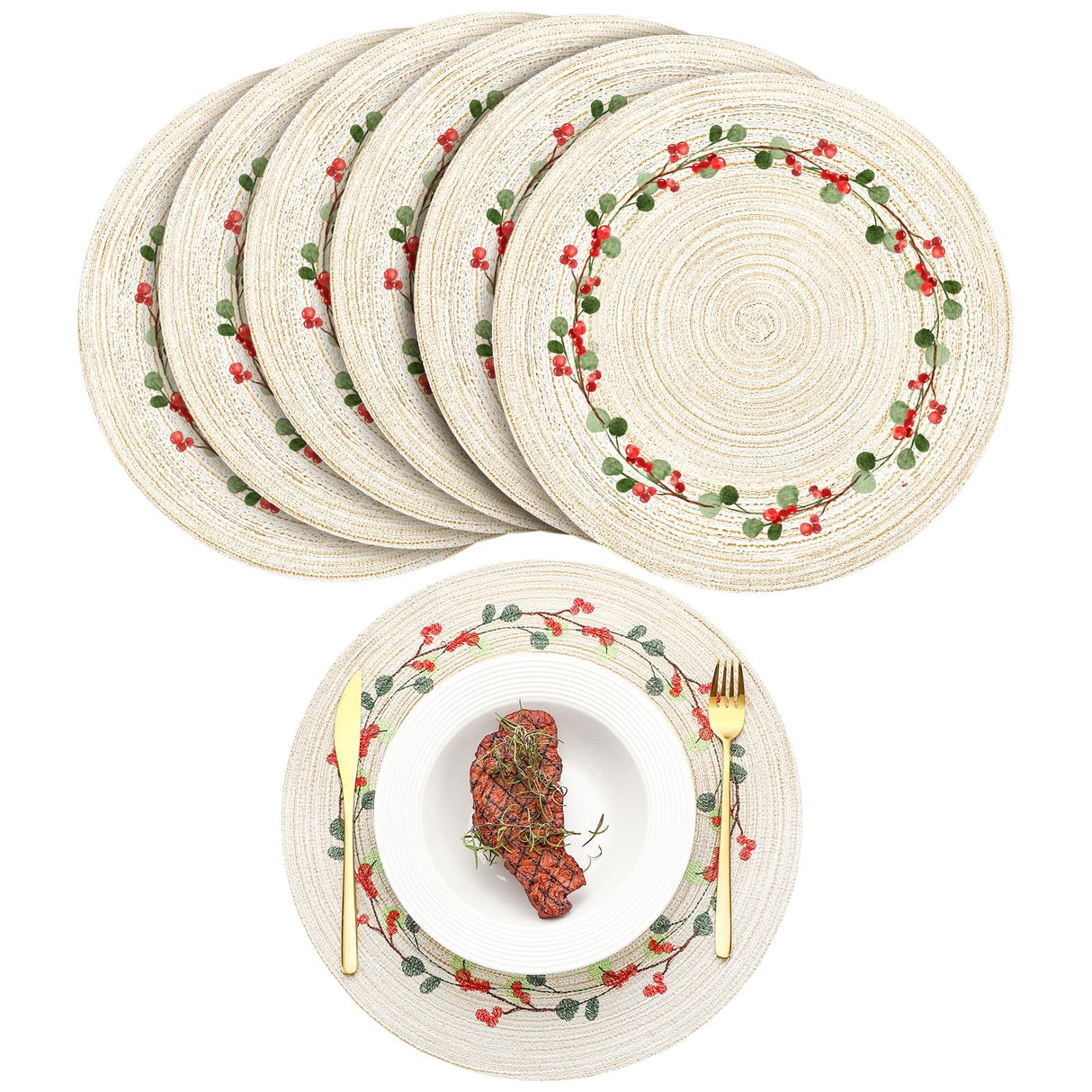 Buryeah 12 Set Christmas Round Placemats Washable 15 Inch Woven Placemats Embroidered Applique Place Mats Christmas Decorations for Winter Holiday Kitchen Dining Table (Berry) Buryeah