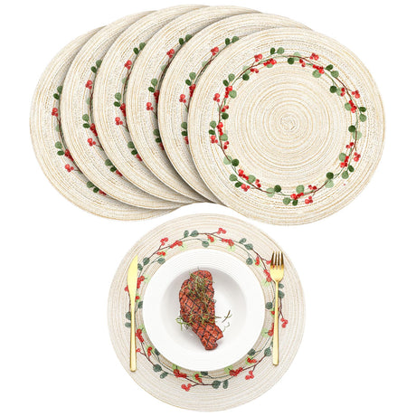 Buryeah 12 Set Christmas Round Placemats Washable 15 Inch Woven Placemats Embroidered Applique Place Mats Christmas Decorations for Winter Holiday Kitchen Dining Table (Berry) Buryeah