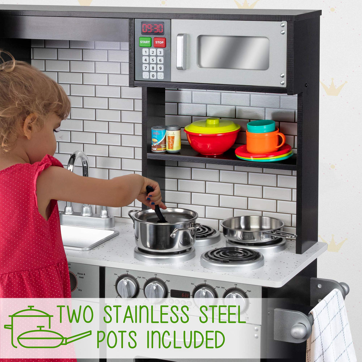 Lil' Jumbl Kids Kitchen Set, Pretend Wooden Play Kitchen, Battery Operated Icemaker & Microwave with Realistic Sound, Pots & Pan Included - Charcoal Lil' Jumbl