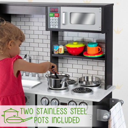 Lil' Jumbl Kids Kitchen Set, Pretend Wooden Play Kitchen, Battery Operated Icemaker & Microwave with Realistic Sound, Pots & Pan Included - Charcoal