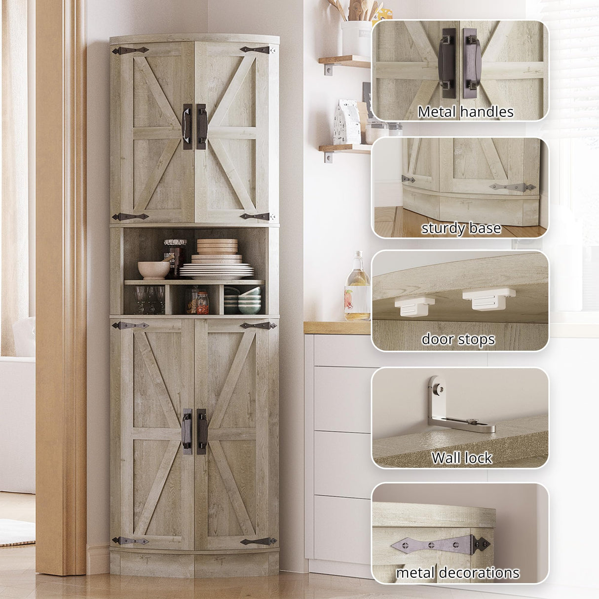 IRONCK Tall Corner Cabinet with 3 Wine Racks, Farmhouse Storage Cabinet with 4 Doors and Adjustable Shelves, Barn Door Design, Corner Bar Cabinet for Living Room, Kitchen, Laundry Room Rustic Maple IRONCK