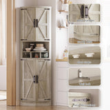 IRONCK Tall Corner Cabinet with 3 Wine Racks, Farmhouse Storage Cabinet with 4 Doors and Adjustable Shelves, Barn Door Design, Corner Bar Cabinet for Living Room, Kitchen, Laundry Room Rustic Maple IRONCK