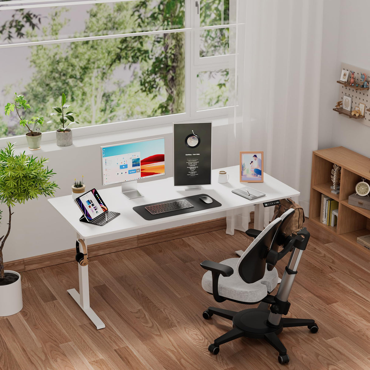 VVENACE 55 x 24 Electric Standing Desk Adjustable Height 4 Memory Preset, 4 Wheels, 2 Headphone Hook, Home Office Desk, Stand Up Sit Stand Desk Computer Table, Splice Board White VVENACE