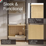 Stead 4-Tiered Arched Book Shelf - Light Oak & Natural Rattan, Metal Frame - Industrial Arched Bookcase & Fluted Bookshelf Stead