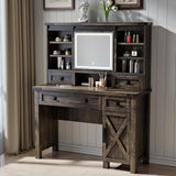 Captain Winters 42.13'' Farmhouse Makeup Vanity Desk with Sliding HD Mirror and Lights, Makeup Vanity with 4 Drawers & Cabinet, Farmhouse Vanity for Bedroom,Dark Barnwood Grey Captain Winters