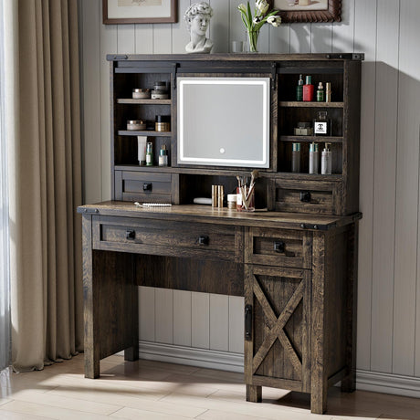Captain Winters 42.13'' Farmhouse Makeup Vanity Desk with Sliding HD Mirror and Lights, Makeup Vanity with 4 Drawers & Cabinet, Farmhouse Vanity for Bedroom,Dark Barnwood Grey Captain Winters