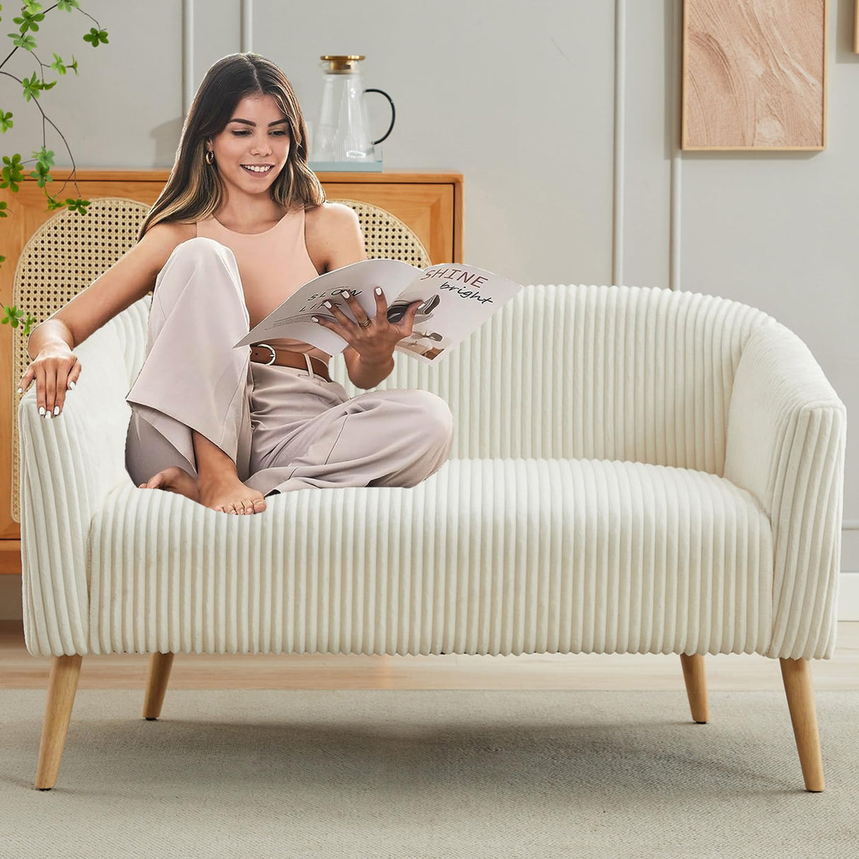Nahenduo Corduroy Loveseat Sofa and Small Couch for Bedroom, 2 Seater Mini Couch for Small Rooms, 51" W Wood Legs, Comfy Foam+Spring (Ivory White) Nahenduo