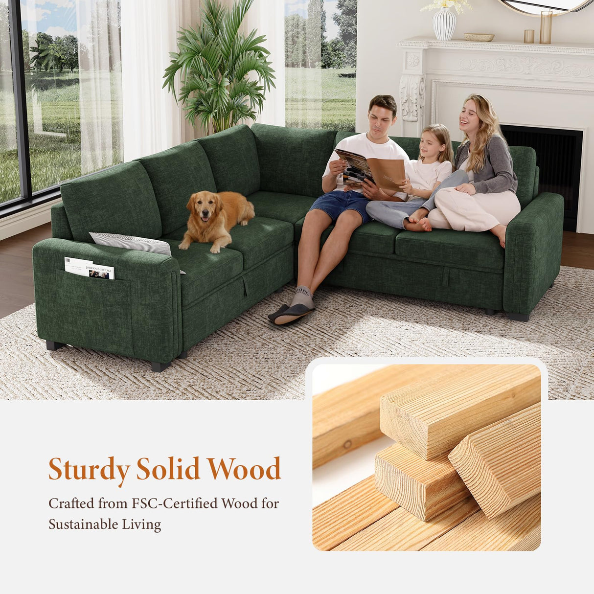 Vesgantti 88.4" Sectional Sleeper Sofa with Pull Out Bed, 5 Seater L Shaped Modular Sectional Couch with Storage, Comfy Chenille Modular Couch for Living Room, Bedroom, Apartment, Green Vesgantti