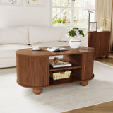QEIUZON Rectangle Coffee Table, Fluted Coffee Tables for Living Room, Mid-Century Coffee Table Center Table with Storage & Sliding Doors for Apartment, Home Office (Walnut) QEIUZON