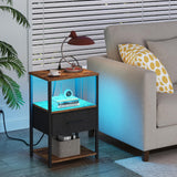 TUTOTAK LED End Table, Side Table with Charging Station, Nightstand Set of 2, Bedside Table with Fabric Drawer, Couch Table for Livingroom and Bedroom, Brown TB01BB0692L TUTOTAK