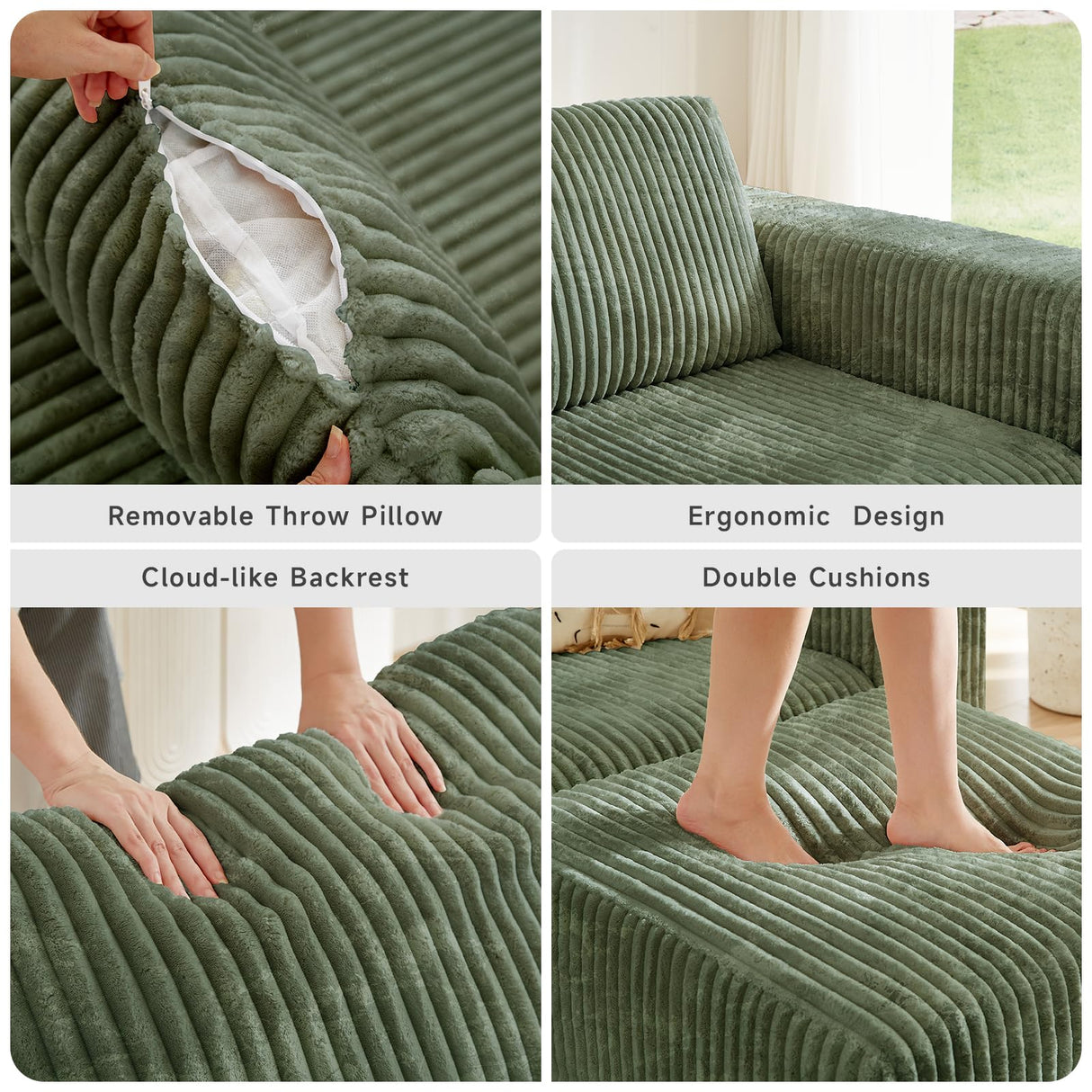 ONBRILL 110" Modular Sectional Sofa, L Shaped Couch 4 Seater with Sleeper Chaise, Sectional Couch with Deep Seat,Upholstered Corduroy Cloud Couches for Living Room,Bedroom,No Assembly Required,Green ONBRILL