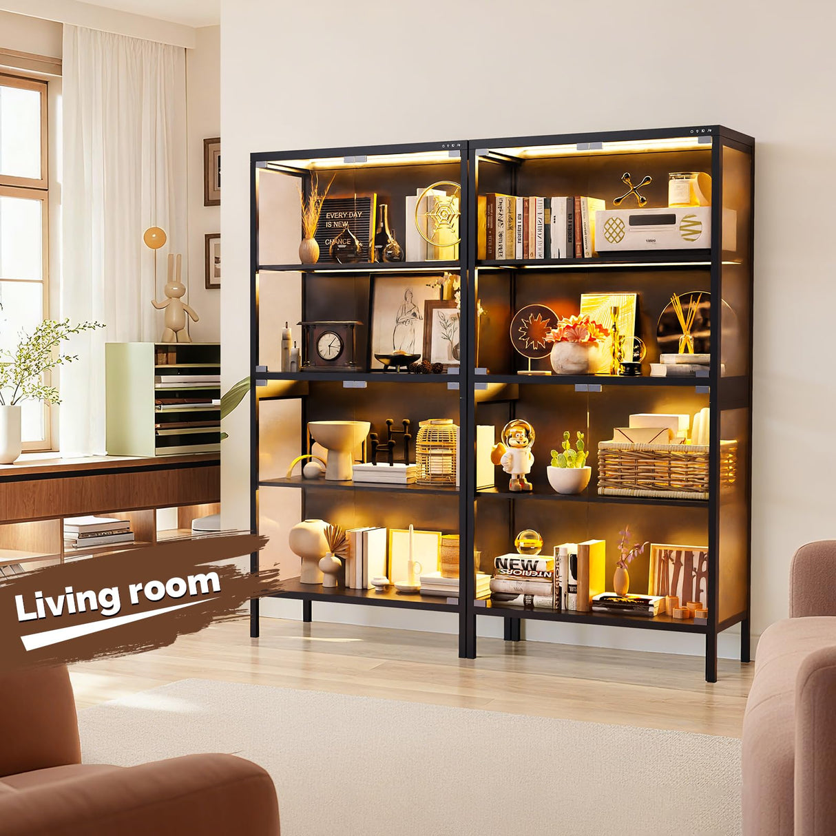 XCXVVB Display Cabinet,Display Case with Glass Doors,4-Tier Curio Cabinet with 5 Color LED Hights,Heavy Duty Free-Standing Bookcase for Exhibition Hall,Living Room XCXVVB