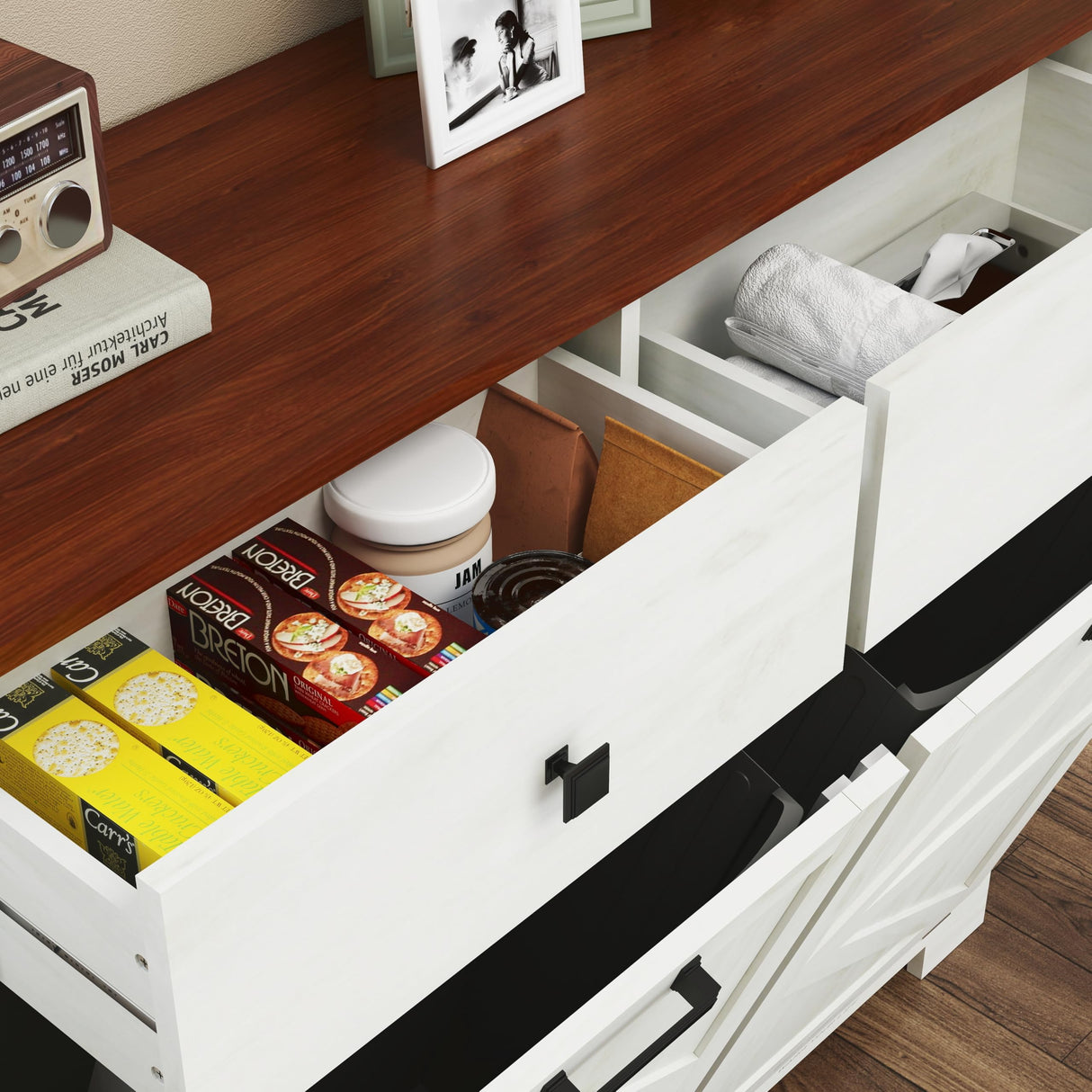 HOLISUN Double Tilt Out Trash Cabinet Kitchen Trash Bin Cabinet, 2x13 Gallons, Farmhouse Recycling Trash Can Cabinet with Hidden Drawers, Pet Proof Garbage Can for Kitchen, Living Room, White HOLISUN