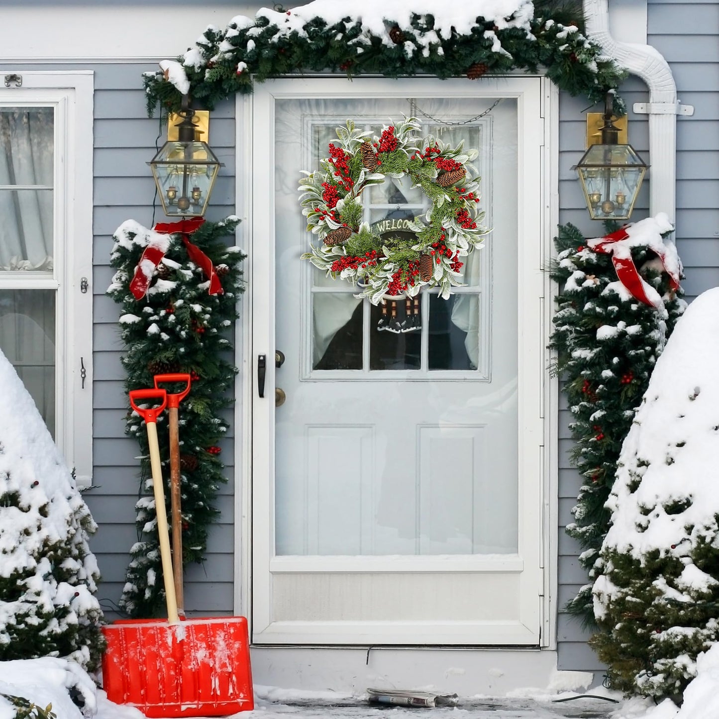 Sggvecsy 19 Inch Artificial Christmas Wreath for Front Door Flocked Lambs Ear Wreath with Red Berries Pine Needles Pinecones Christmas Decorations for Wall Outdoor Home Holiday Xmas Decor