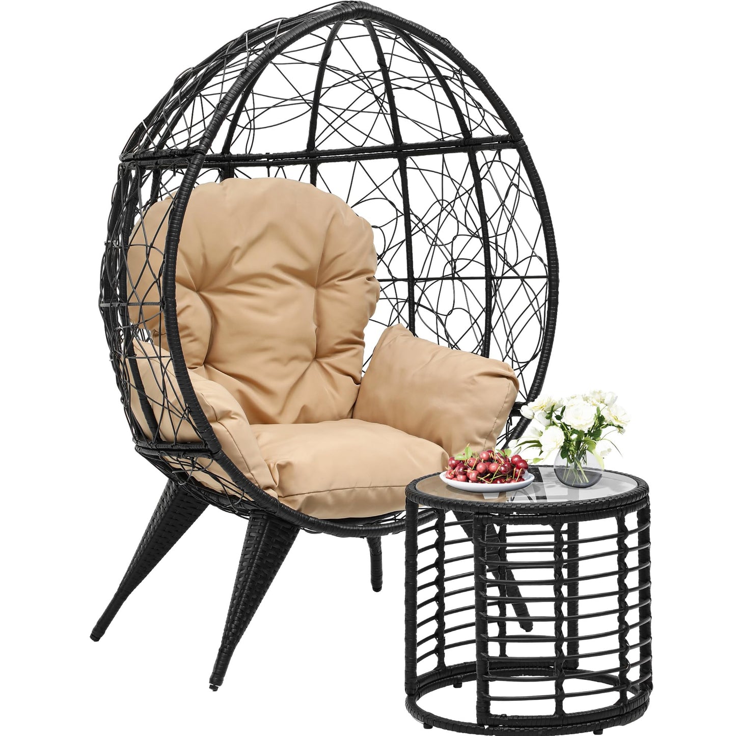 YITAHOME Egg Chair with Table Outdoor Egg Lounge Chair with Cushion Wicker Chair PE Rattan Chair Table Included for Patio, Garden, Backyard, Porch, Beige