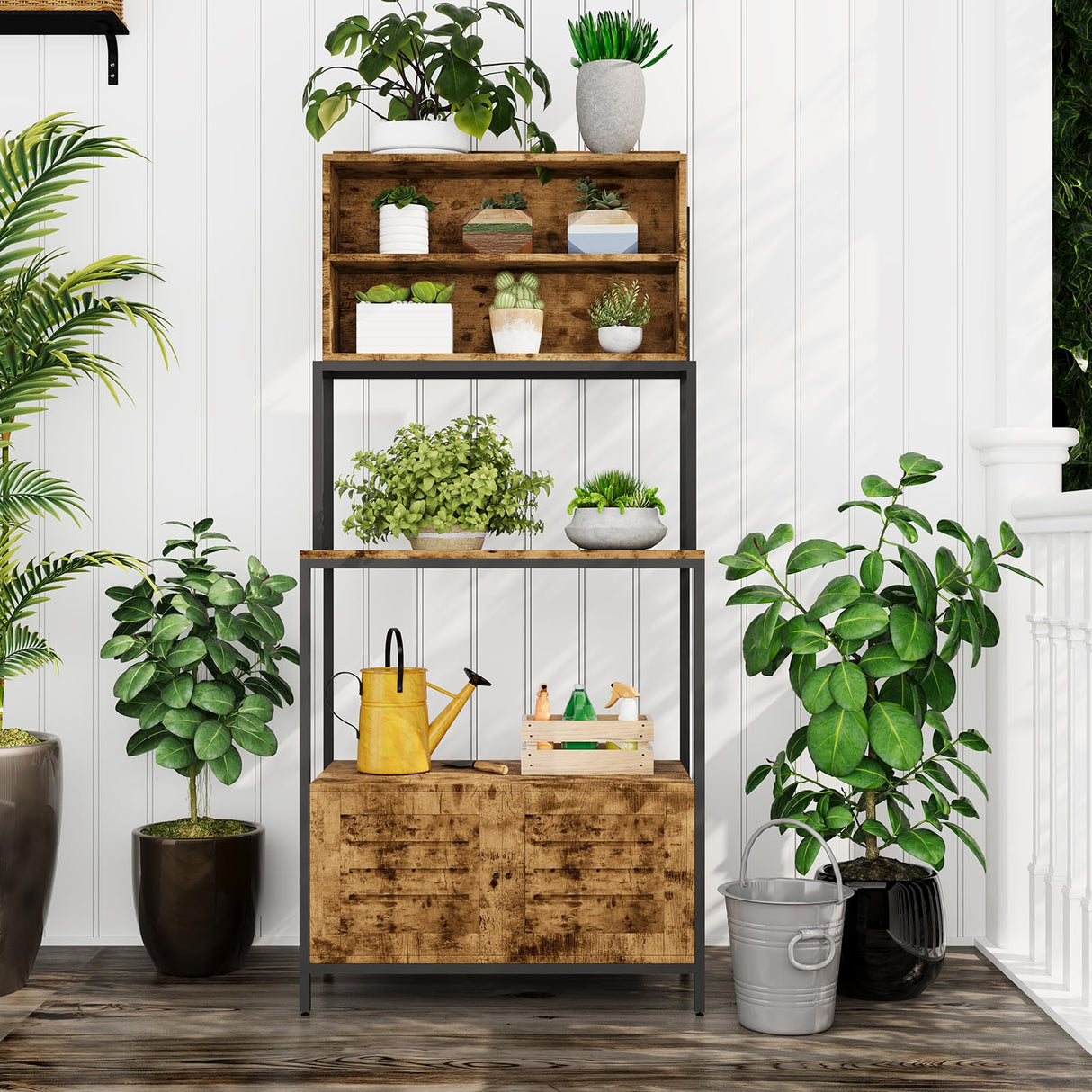 68" Kitchen Bakers Rack with Storage, Freestanding 6-Tier Industrial Coffee Bar Station with Power Outlet, Microwave Stand with Shelves & Cabinet for Pots, Pans, Spices & Kitchen Essentials Mochalight