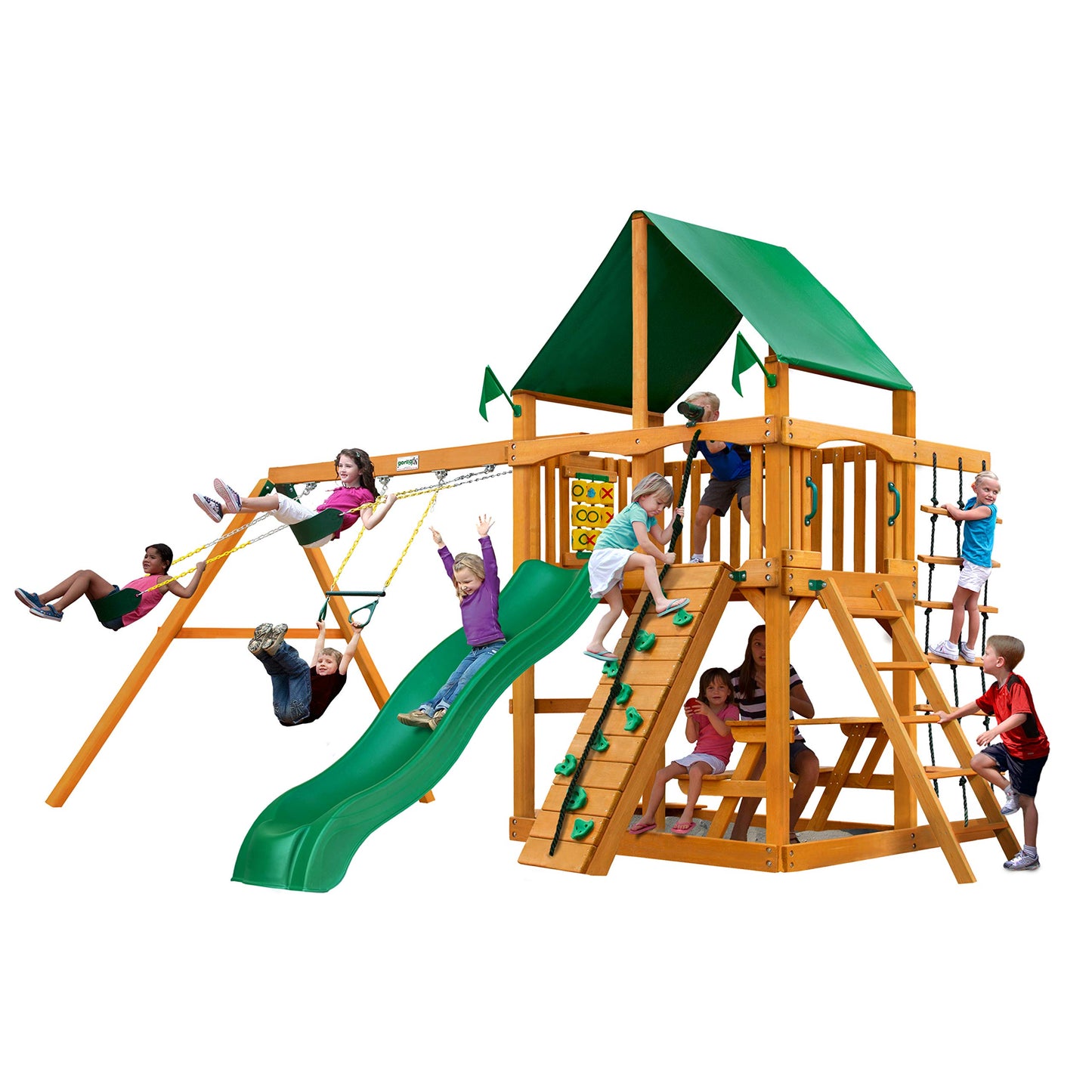 Gorilla Playsets 01-0003-AP-1 Chateau Wood Swing Set with Green Vinyl Canopy, Rock Climbing Wall, Two Swings, Slide, Picnic Table, Sandbox, Amber - WoodArtSupply