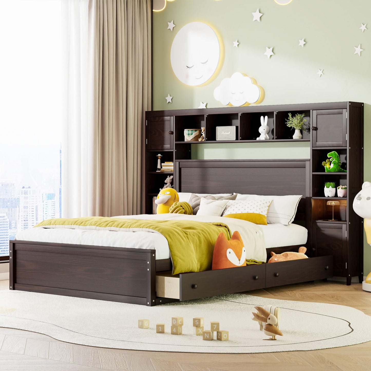 Queen Storage Platform Bed with Bookcase Headboard and Drawers in Espresso - WoodArtSupply