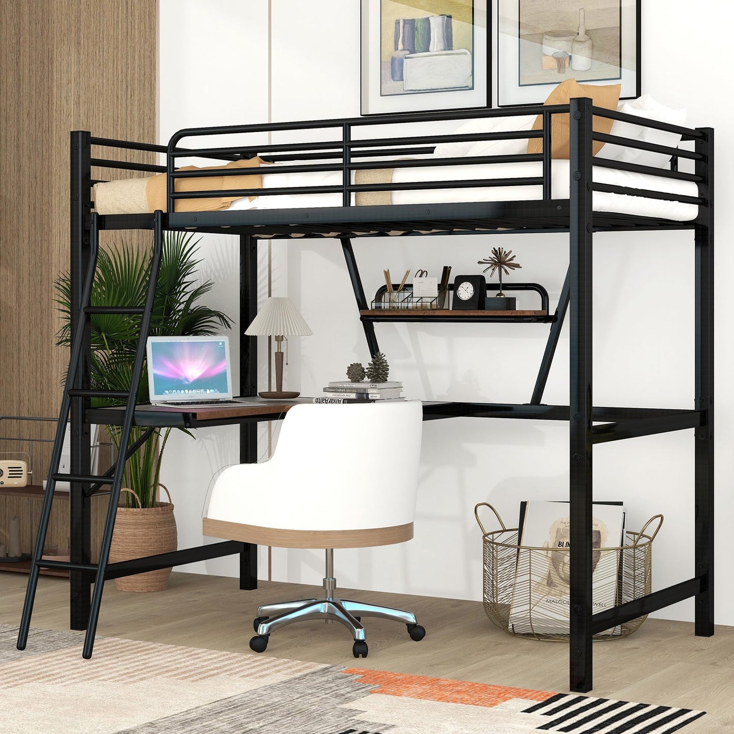 Twin Size Loft Bed with Desk and Storage Shelf, Heavy Duty Loft Bed Twin Size, Twin Loft Bed with Guardrail, Twin Loft Bed for Kids, Teens, Twin Size Loft Bed Black