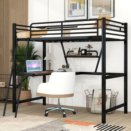 Twin Size Loft Bed with Desk and Storage Shelf, Heavy Duty Loft Bed Twin Size, Twin Loft Bed with Guardrail, Twin Loft Bed for Kids, Teens, Twin Size Loft Bed Black Bellemave