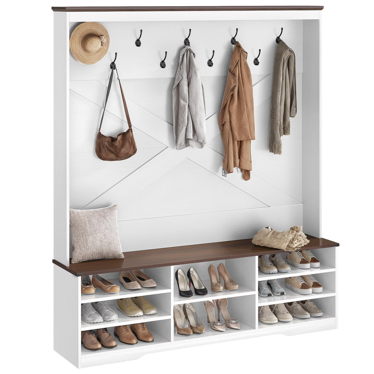 YITAHOME Hall Tree with Bench and Shoe Storage, Mudroom Storage Modern Shoe Cabinet with Bench & 9 Double Prong Hooks, for Entryway & Living Room, Walnut & Off-White YITAHOME