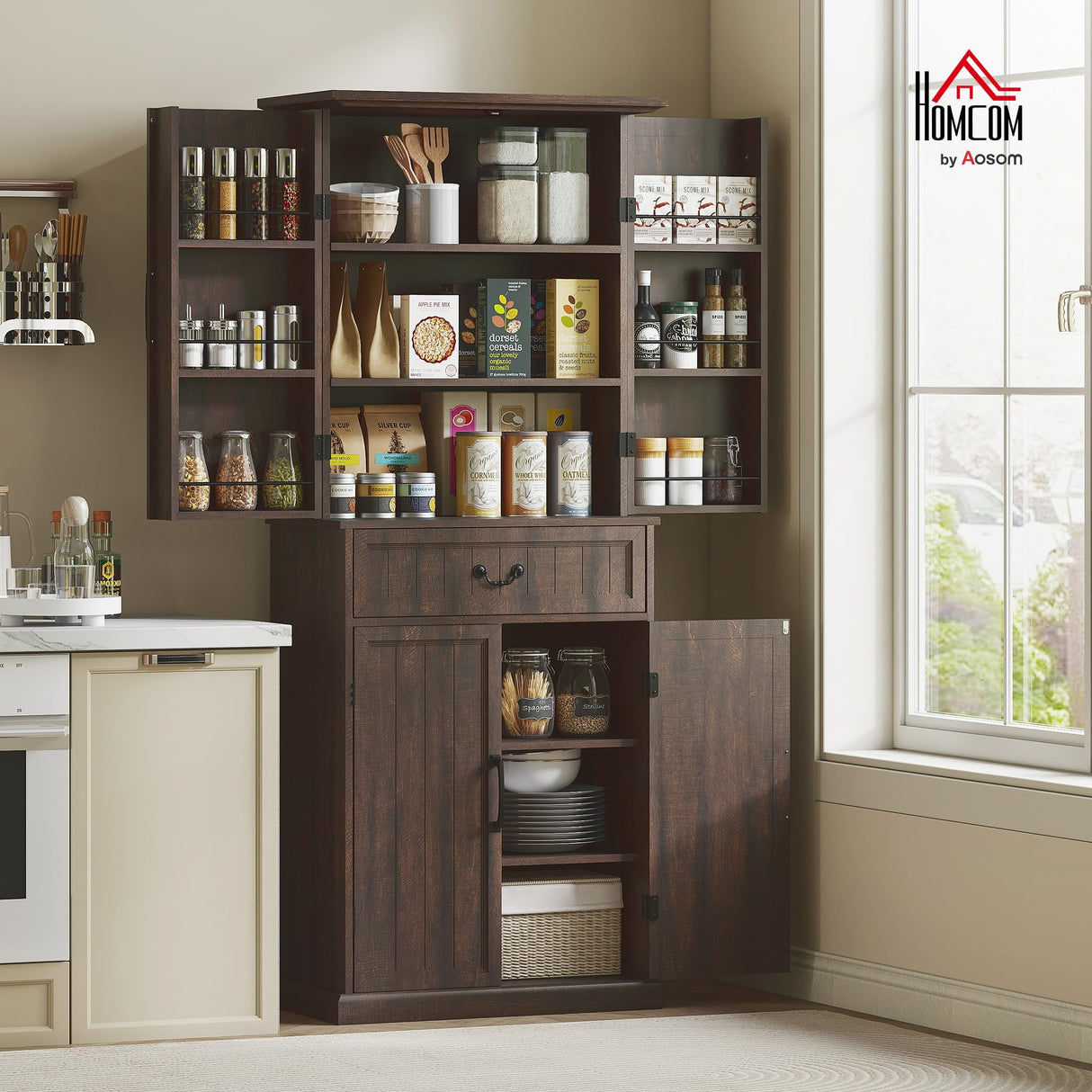 HOMCOM 71" LED Kitchen Pantry Cabinet, Farmhouse Tall Freestanding Storage Cabinet with Door Shelves, Adjustable Shelves and Drawer for Kitchen and Dining Room, Distressed Brown HOMCOM