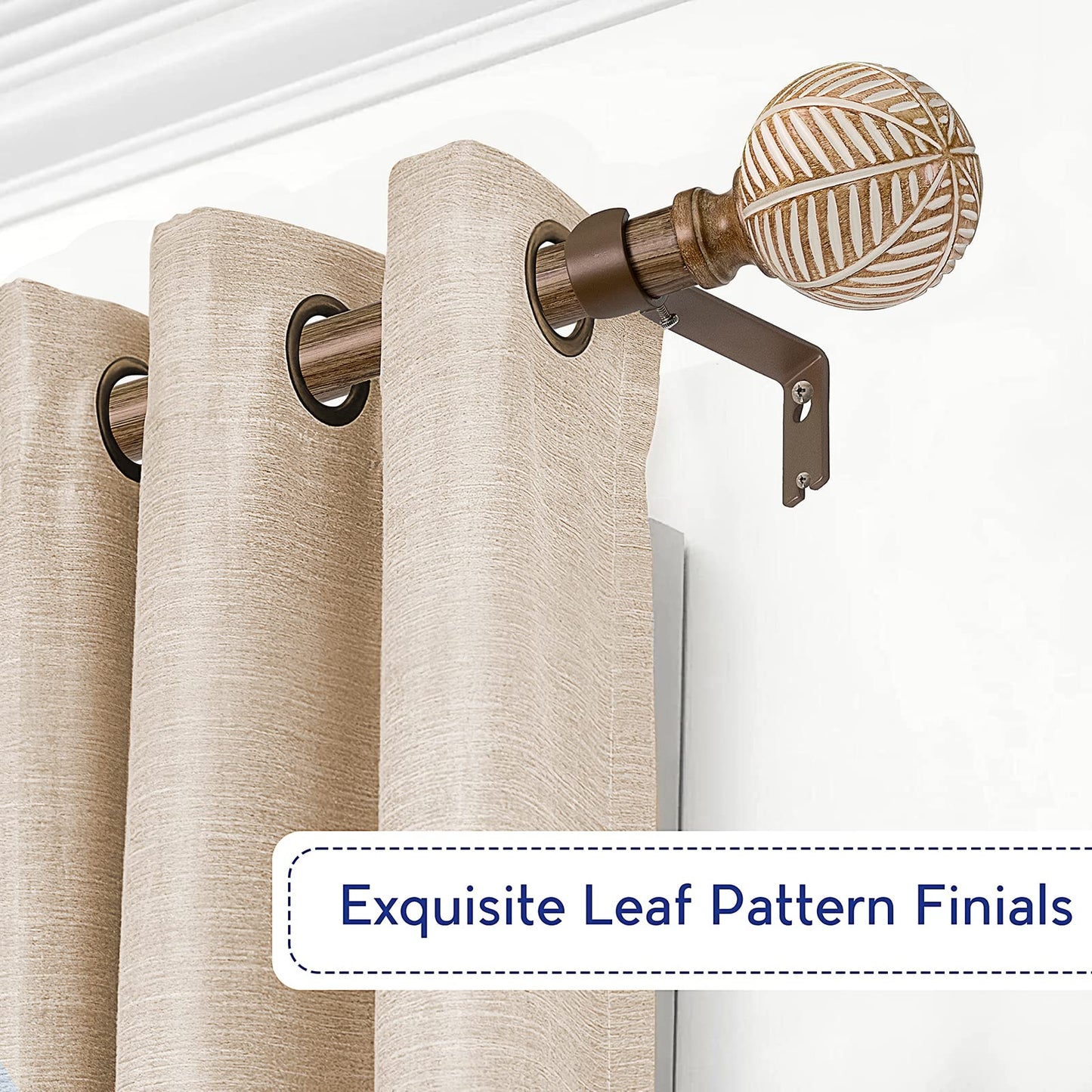 Wood Curtain Rods for Windows: 1 Inch Diameter Adjustable Drapery Rods 48" to 86",2 Pack Curtain Rods with Imitation Wood Grain Leaf Pattern Finials - WoodArtSupply