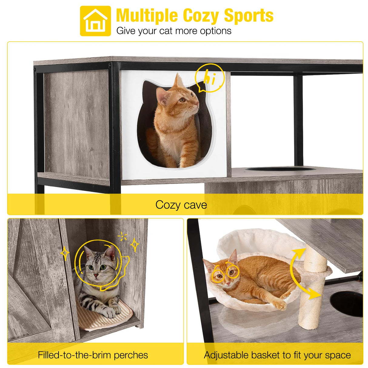 Aivituvin Cat Litter Box Enclosure, Litter Box Furniture Hidden, Wooden Cat Washroom Furniture, Indoor Cat House with Condo, Hammock, Scratching Mat and Storage Shelves-Greige Aivituvin