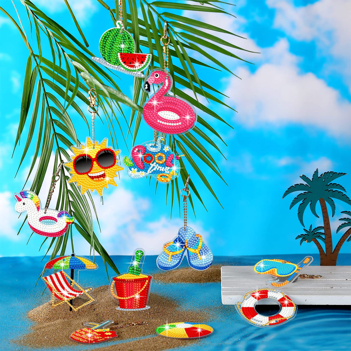 12 Pieces Summer Diamond Painting Keychain 5D DIY Diamond Painting Kit Summer Hanging Diamond Art Kits Diamond Art Summer Ornaments for Kids Summer Crafts Family Decor (Summer Style) Ferraycle