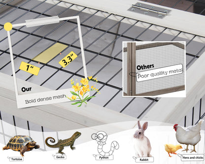 Tortoise House Habitat Wooden with Waterproof Cover, Chicken Coop with Run Rabbit Hutch Small Animal Hutch Enclosure Indoor/Outdoor-Grey + White Trim