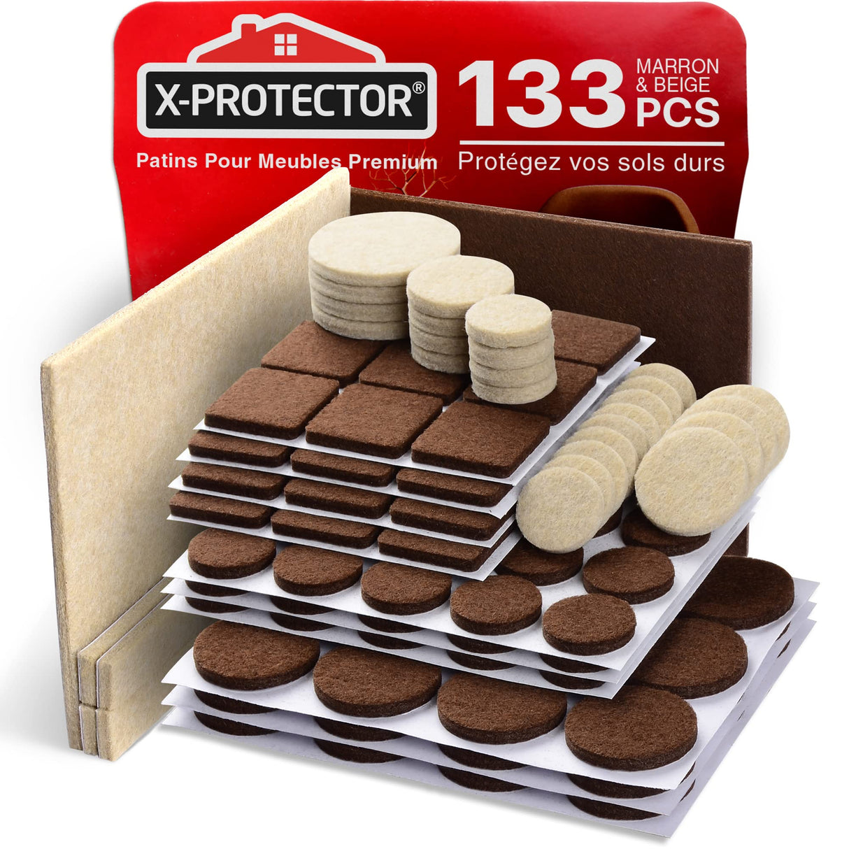 Felt Furniture Pads X-PROTECTOR 133 PCS Premium Furniture Pads - Felt Pads Furniture Feet Best Wood Floor Protectors - Protect Your Hardwood & Laminate Flooring! Brown and Beige X-Protector