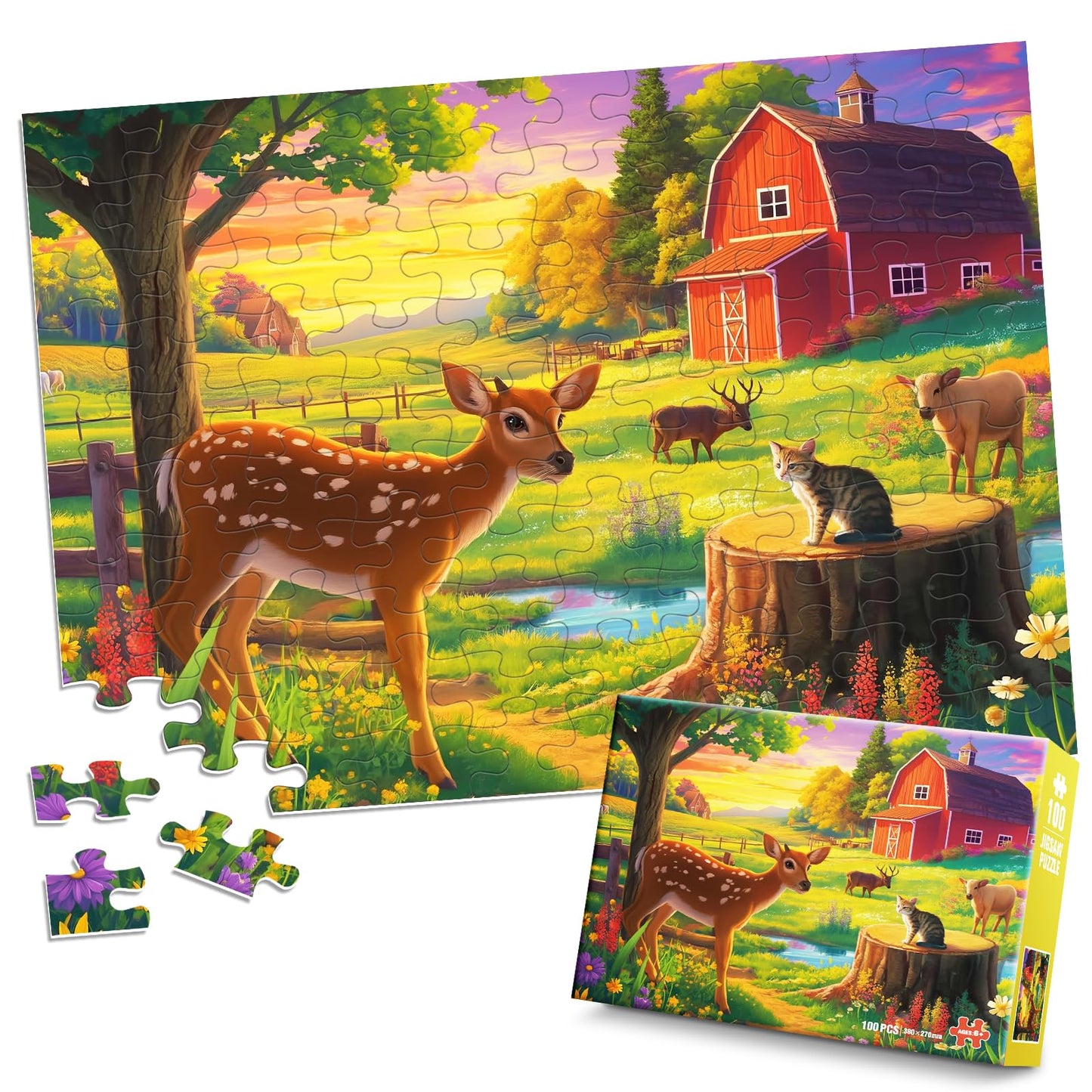 100 Pieces Jigsaw Puzzles for Kids - Deer Cat Farm Puzzles for Kids Ages 4-6 6-8 8-10 10-12 Kids Learning Educational Puzzle Toys for Boys and Girls - Farm Kitten and Cow