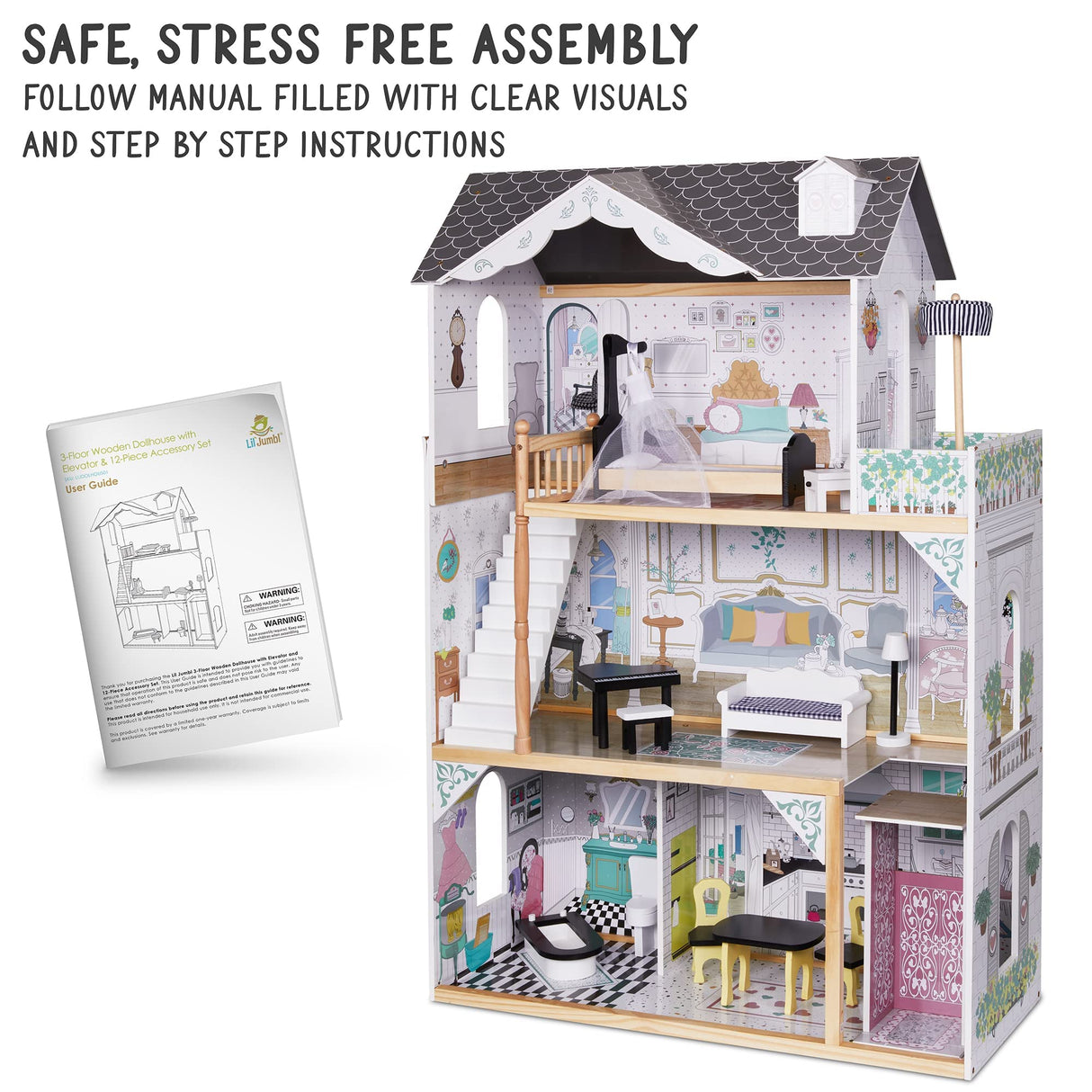 Lil' Jumbl X-Large 3-Story Wooden Dollhouse with Elevator, Balcony & Furniture Set Lil' Jumbl