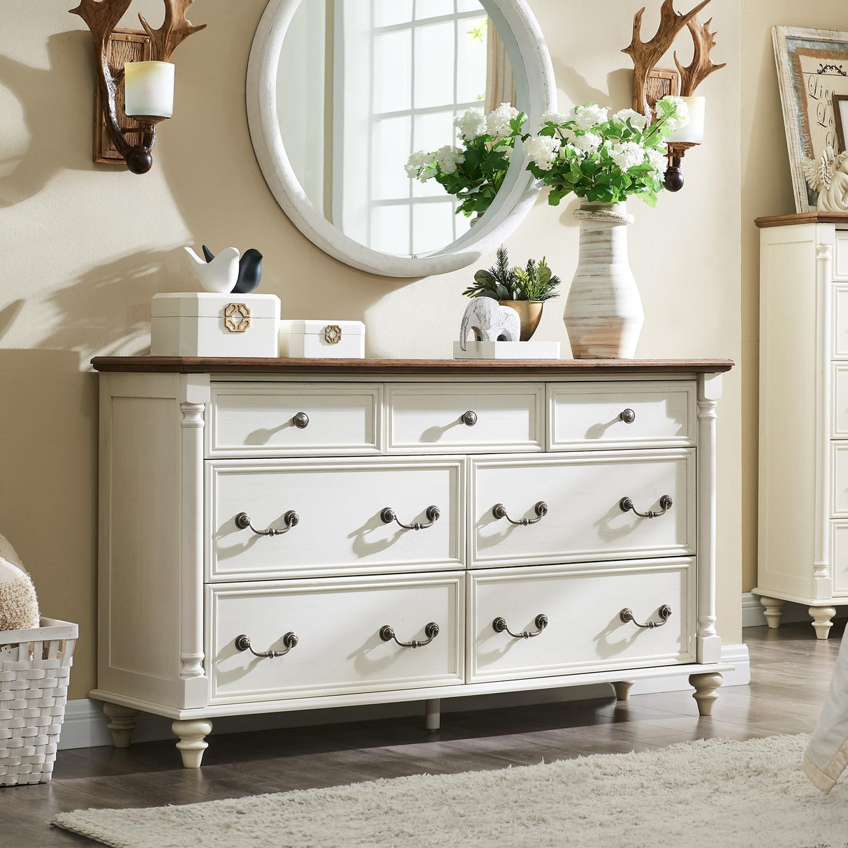 T4TREAM Farmhouse 7 Drawers Dresser Chests for Bedroom w/ 4 Solid Wood Feet & Column Decor, Tall Wide Wood Country Rustic Chest of Drawers, Storage Dressers for Bedroom, Living Room, Antique White T4TREAM