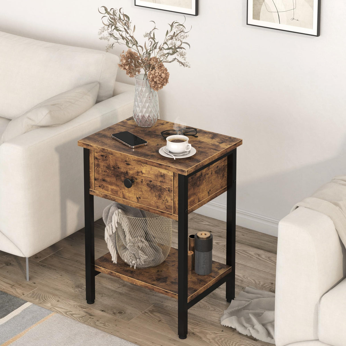 Night Stand Set of 2, Bedside Table with Drawers, Modern End Side Table with Storage Shelves, Versatile Nightstands for Bedroom Living Room Sofa Couch, Wood Metal Bedroom Furniture, Rustic Brown CALERTAIN