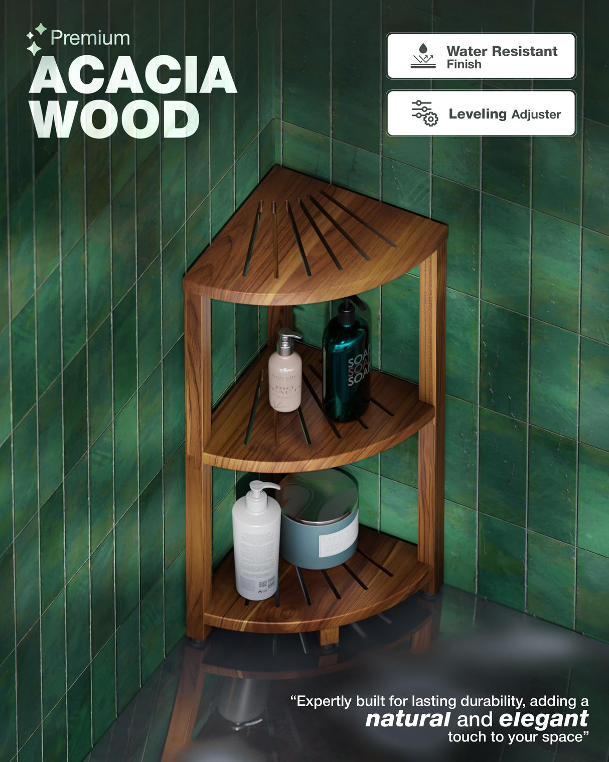 BLUEWEST 3-Tier Corner Shower Caddy Stand, Wood Shower Organizer Standing with Anti-Slip Feet, Waterproof & Durable Bathroom Corner Shelf, Space-Saving Design Storage for Kitchen or Living Room BLUEWEST