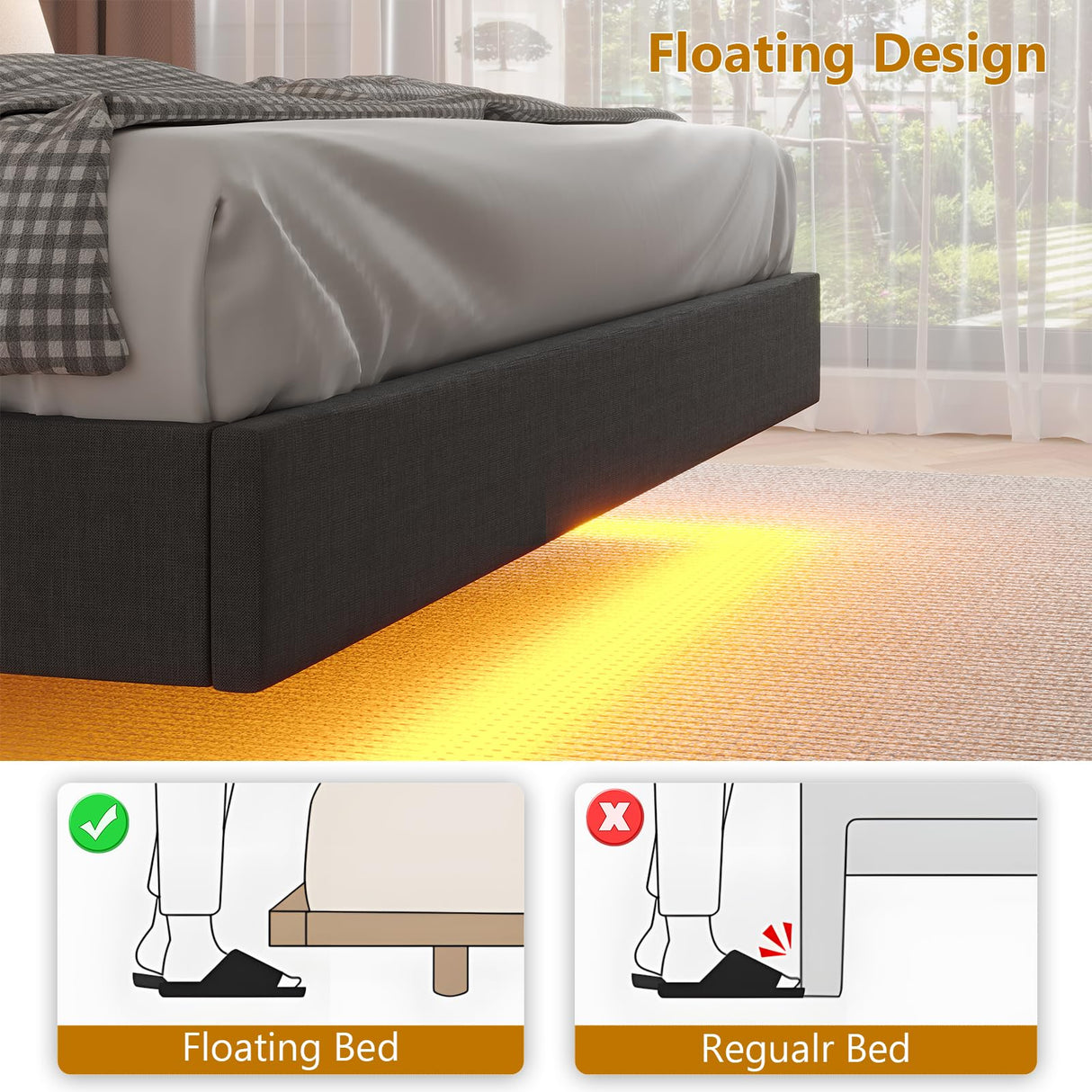 Floating Bed Frame King Size with LED Lights & Private Storage Headboard, King Floating Bed with Charging Station, Fabric Platform Bed, No Box Spring Needed, Noise-Free, Dark Gray BYSAUD