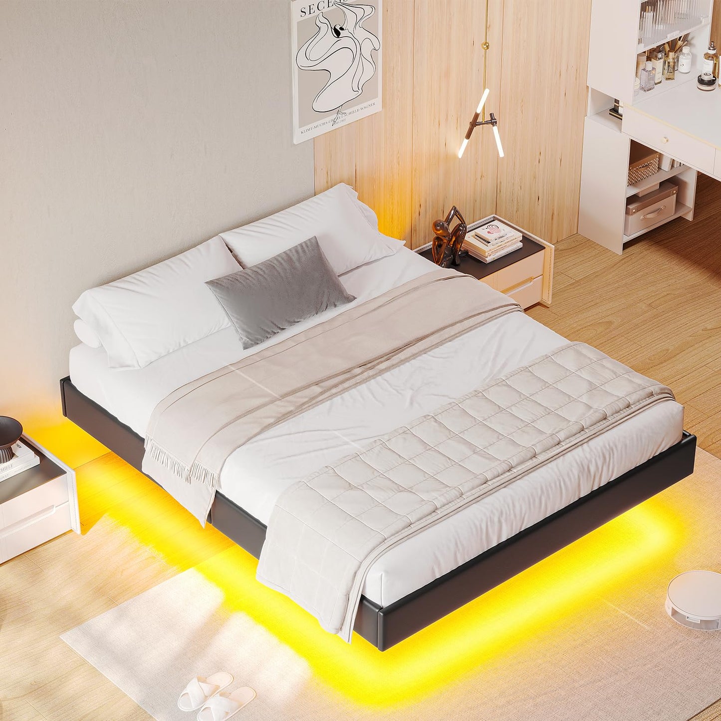 Hasuit Floating Full Size Bed Frame with LED Lights - Upholstered Platform Design in Black - WoodArtSupply