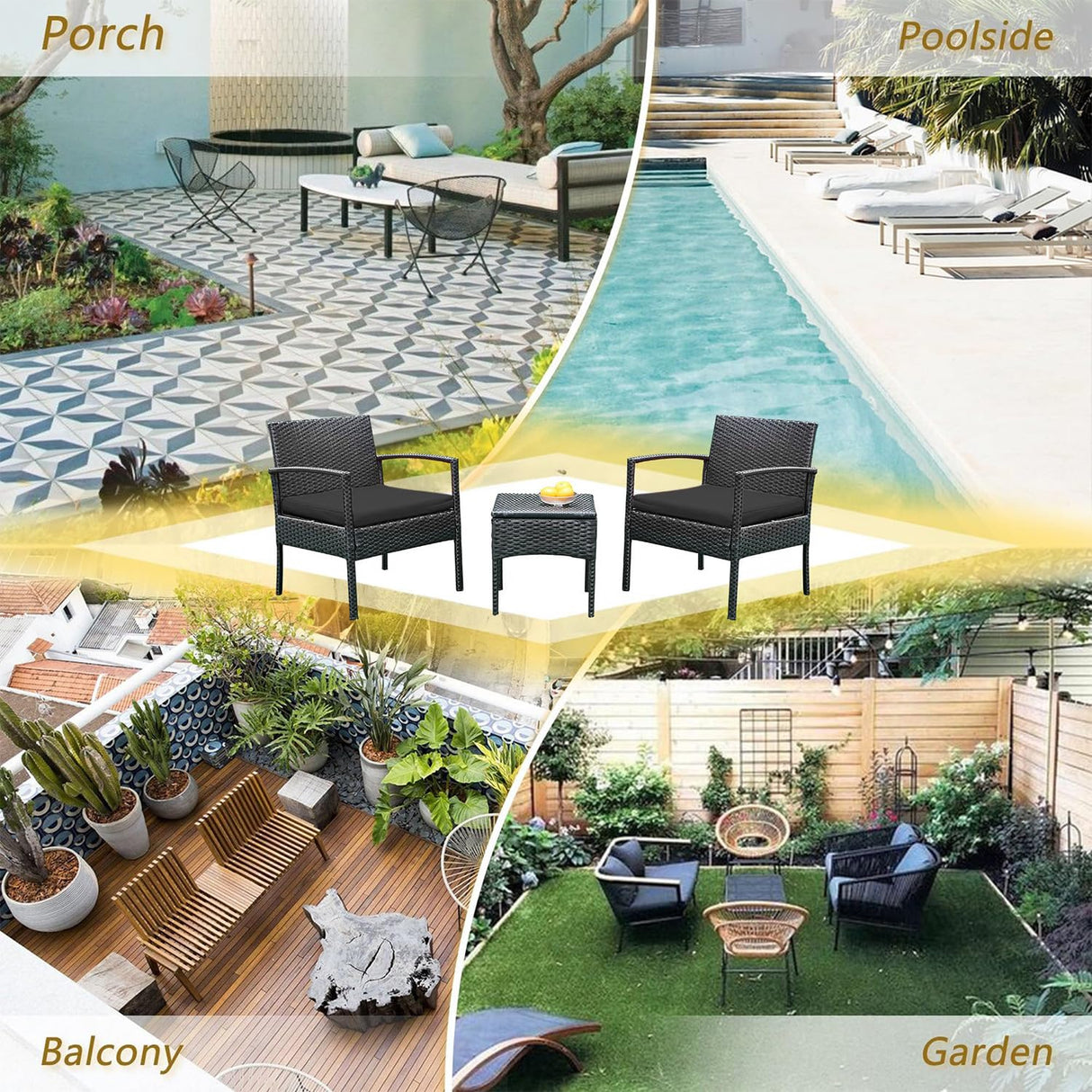 PROHIKER 3 PCS Patio Rattan Conversation Chairs Set, Outdoor Patio Furniture Balcony Furniture Set, Wicker Patio Set for Garden Porch Balcony Yard, Black PROHIKER