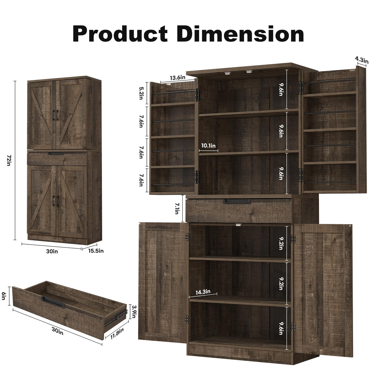 BOMETAO 72" Tall Kitchen Pantry Cabinet with X-Barn Doors, Farmhouse Storage Cabinets with Organizer, Drawer and Adjustable Shelves, Wood Cupboard for Kitchen, Dining Room, Bathroom, Rustic Brown BOMETAO