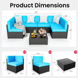 Pamapic 7-Piece Outdoor Furniture,All-Weather Wicker Modular Sectional Sofa with Patio Crystal Coffee Table, Adjustable Reclining Sectional Couch with Washable Removable Cushion Covers, Light Blue Pamapic