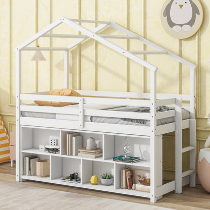 UOCFYK Twin Size House Loft Bed with Shelves & Roof for Kids Boys Girls, Solid Wood Bedframe w/Safety Guardrails & Wooden Slats Support,Easy Assemble & No Box Spring Needed, White