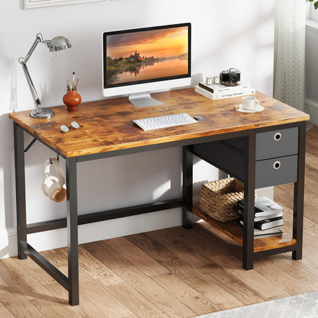 DUMOS Computer Desk with 2 Drawers, 40x24 Inch Office Desks with Shelf, Gaming Work Study Vanity Table with Storage 2-Tier Drawer for Living Room Bedroom Small Spaces,Antique Wood DUMOS