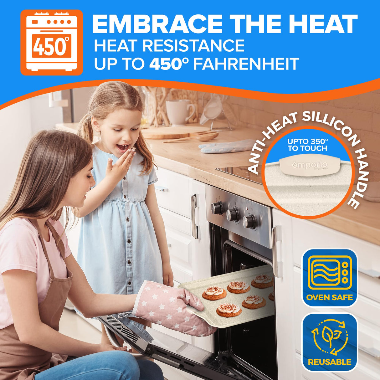 Emporio Kitchen Baking Pan Set - Nonstick Coating, Carbon Steel Bakeware Set with White Silicone Handle, PFOA, PFOS, PTFE Free, Recipe Booklet Included, Oven Safe Tray (Up To 450° F) Set of 25 - White Emporio Kitchen