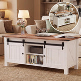 Cakhdry Lift Top Coffee Table with Storage, 47" Farmhouse Coffee Tables with Sliding Barn Door and Lift Tabletop Wooden Rectangle Center Table for Living Room, White Cakhdry