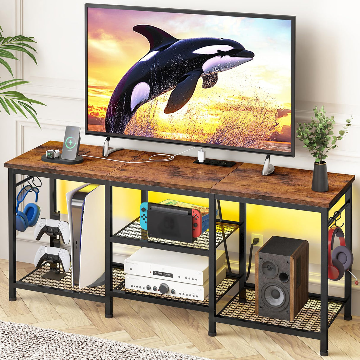 YGEOMER TV Stand Entertainment Center for 55 Inch TVs, with Charging Station and Lights Open Storage Shelves, TV Media Console, Open Storage Shelf with Sound Rack for Living Room, Rustic Brown YGEOMER